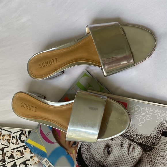 SCHUTZ ‘Elke’ Mirrored Slide Sandal Heel - Picture 2 of 10